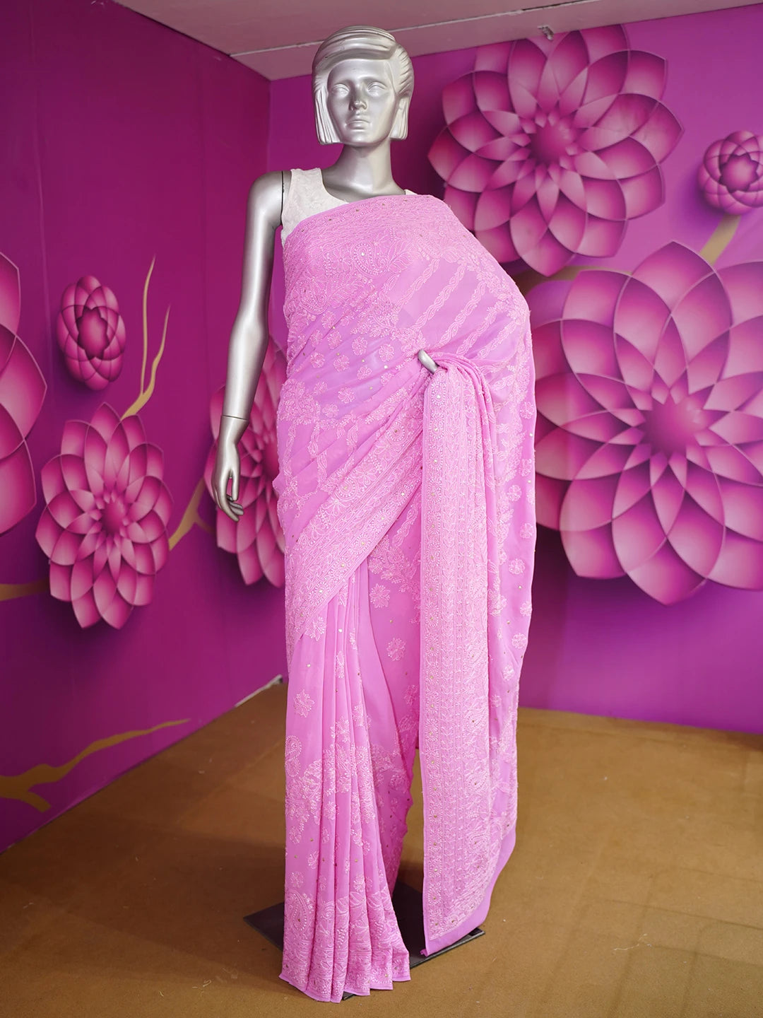 Ada Hand Embroidered Onion Pink Pure Georgette Lucknowi Chikankari Saree/Blouse With Muqaish Work 01A345205