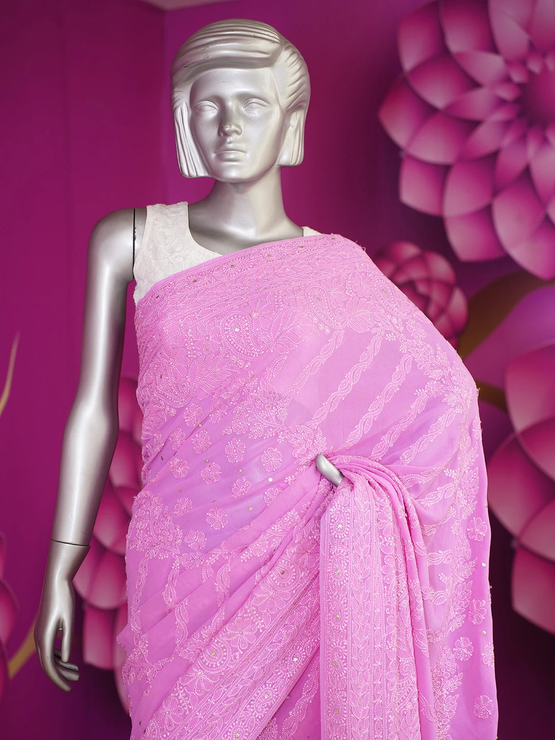 Ada Hand Embroidered Onion Pink Pure Georgette Lucknowi Chikankari Saree/Blouse With Muqaish Work 01A345205