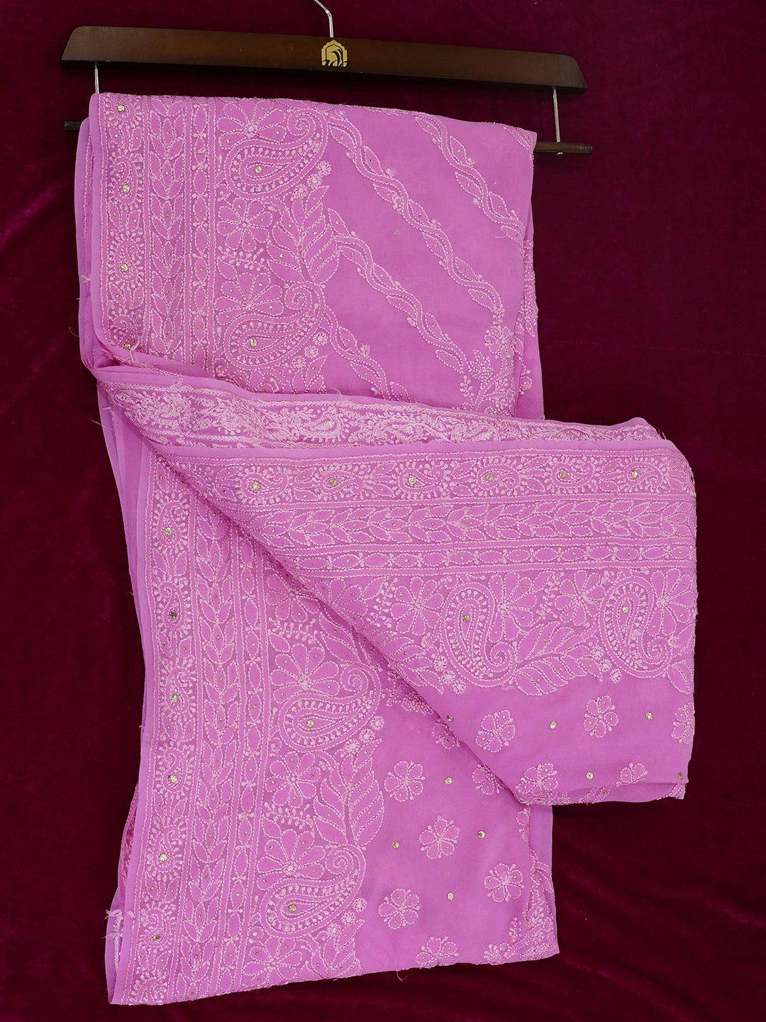 Ada Hand Embroidered Onion Pink Pure Georgette Lucknowi Chikankari Saree/Blouse With Muqaish Work 01A345205