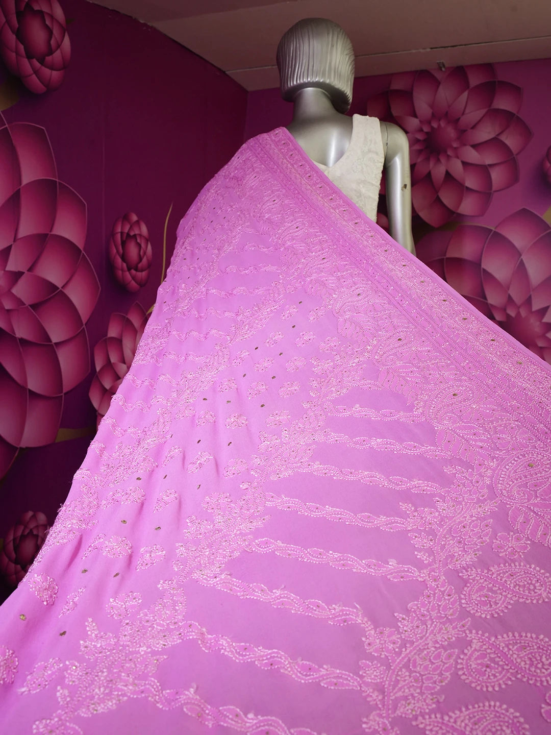 Ada Hand Embroidered Onion Pink Pure Georgette Lucknowi Chikankari Saree/Blouse With Muqaish Work 01A345205