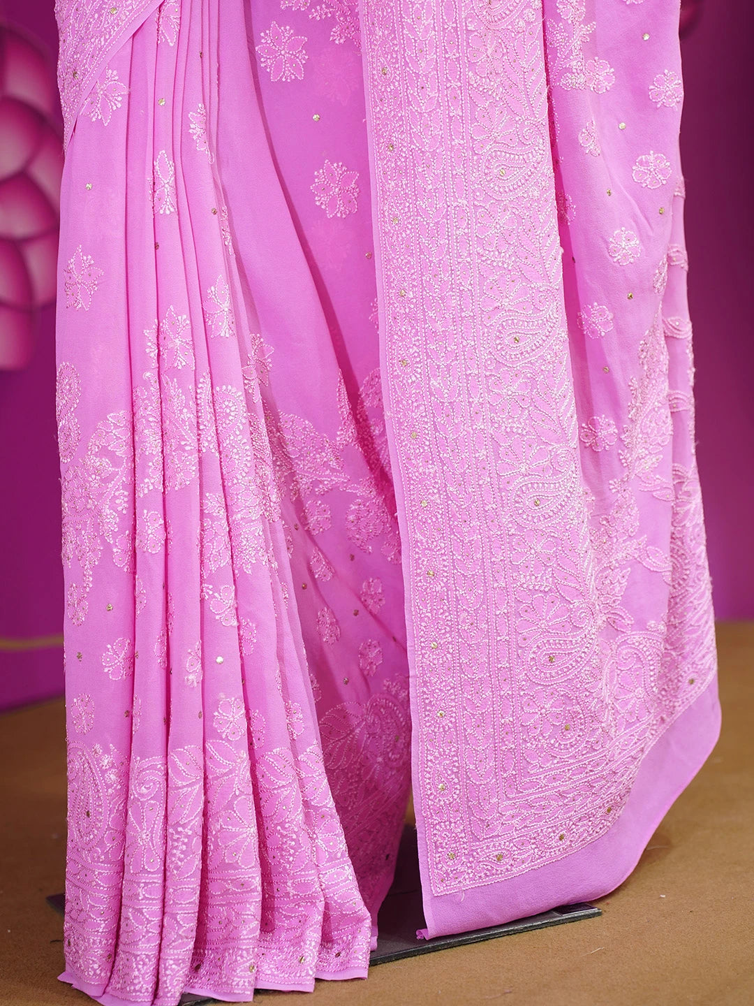 Ada Hand Embroidered Onion Pink Pure Georgette Lucknowi Chikankari Saree/Blouse With Muqaish Work 01A345205