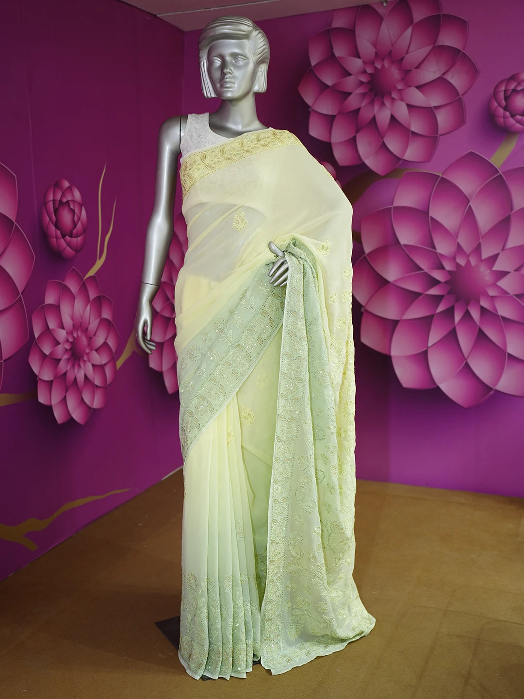 Ada Hand Embroidered Ombre Shade of lemon/Green Viscose Georgette Lucknowi Chikankari Saree and Blouse With Sequinned Work 01A439012