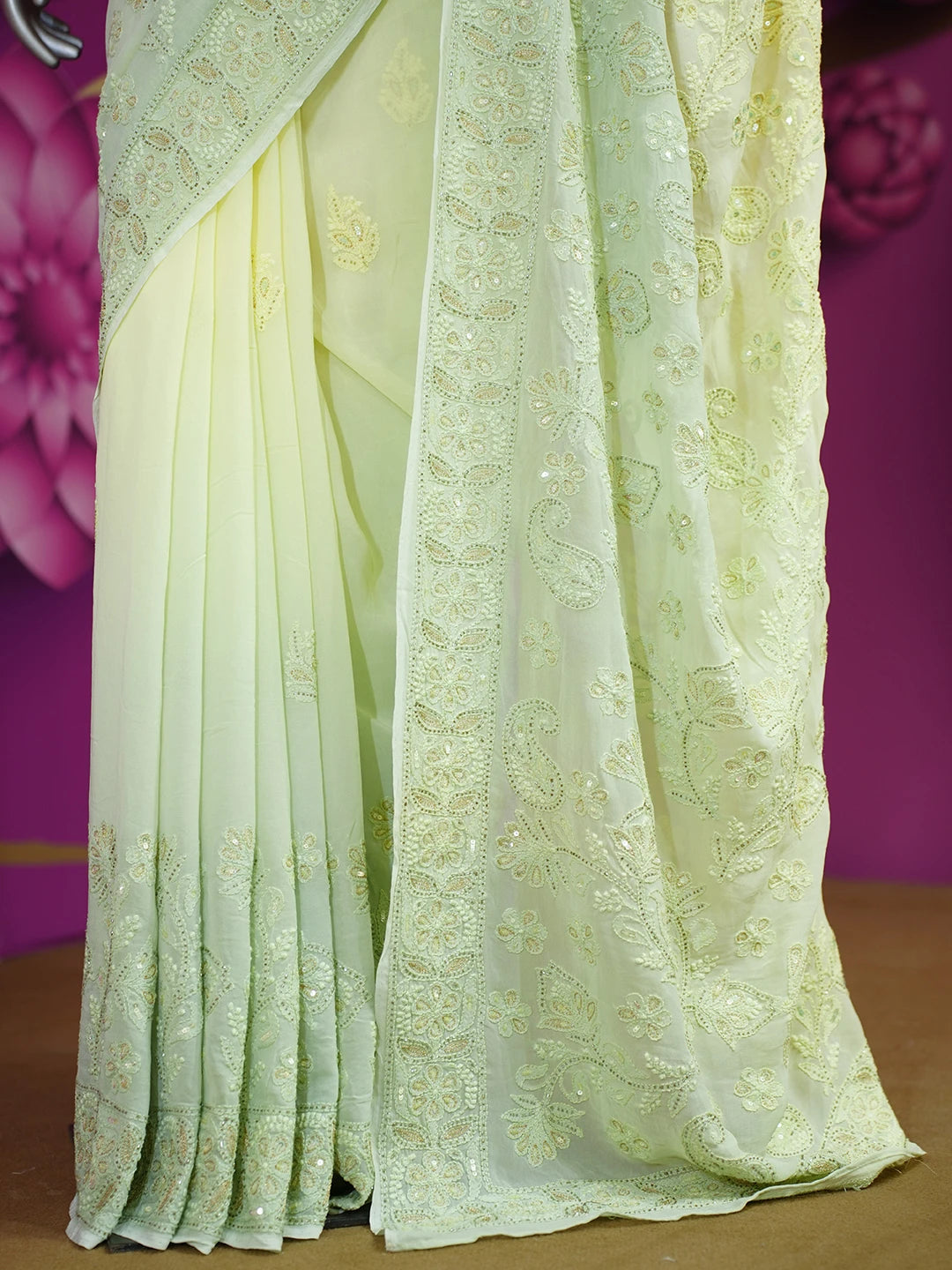 Ada Hand Embroidered Ombre Shade of lemon/Green Viscose Georgette Lucknowi Chikankari Saree and Blouse With Sequinned Work 01A439012