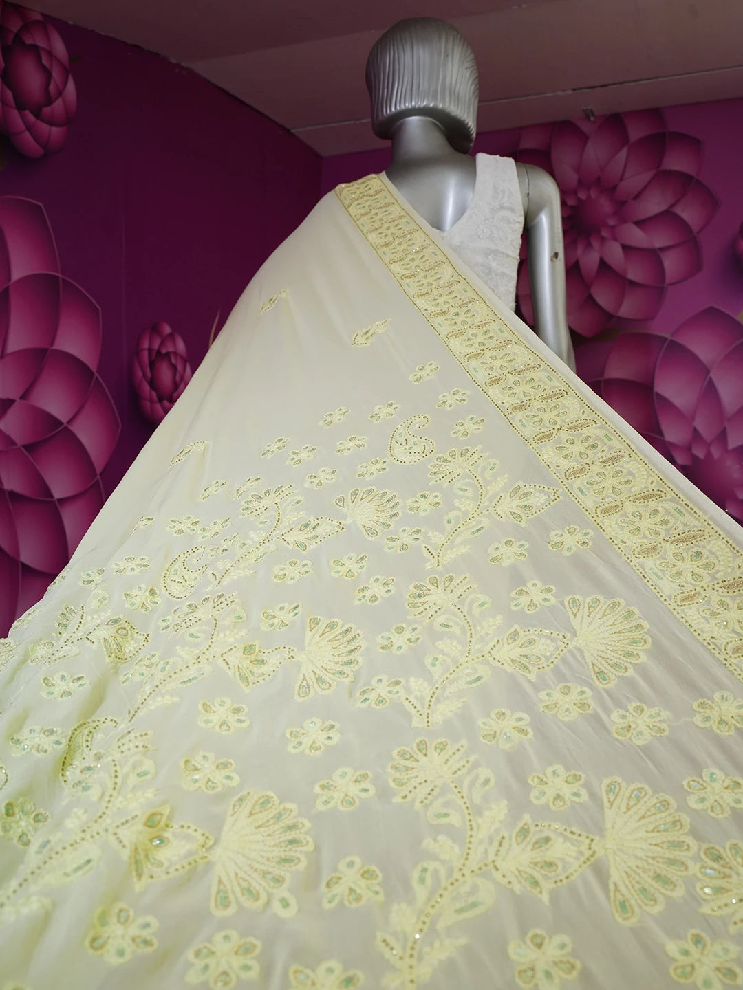 Ada Hand Embroidered Ombre Shade of lemon/Green Viscose Georgette Lucknowi Chikankari Saree and Blouse With Sequinned Work 01A439012