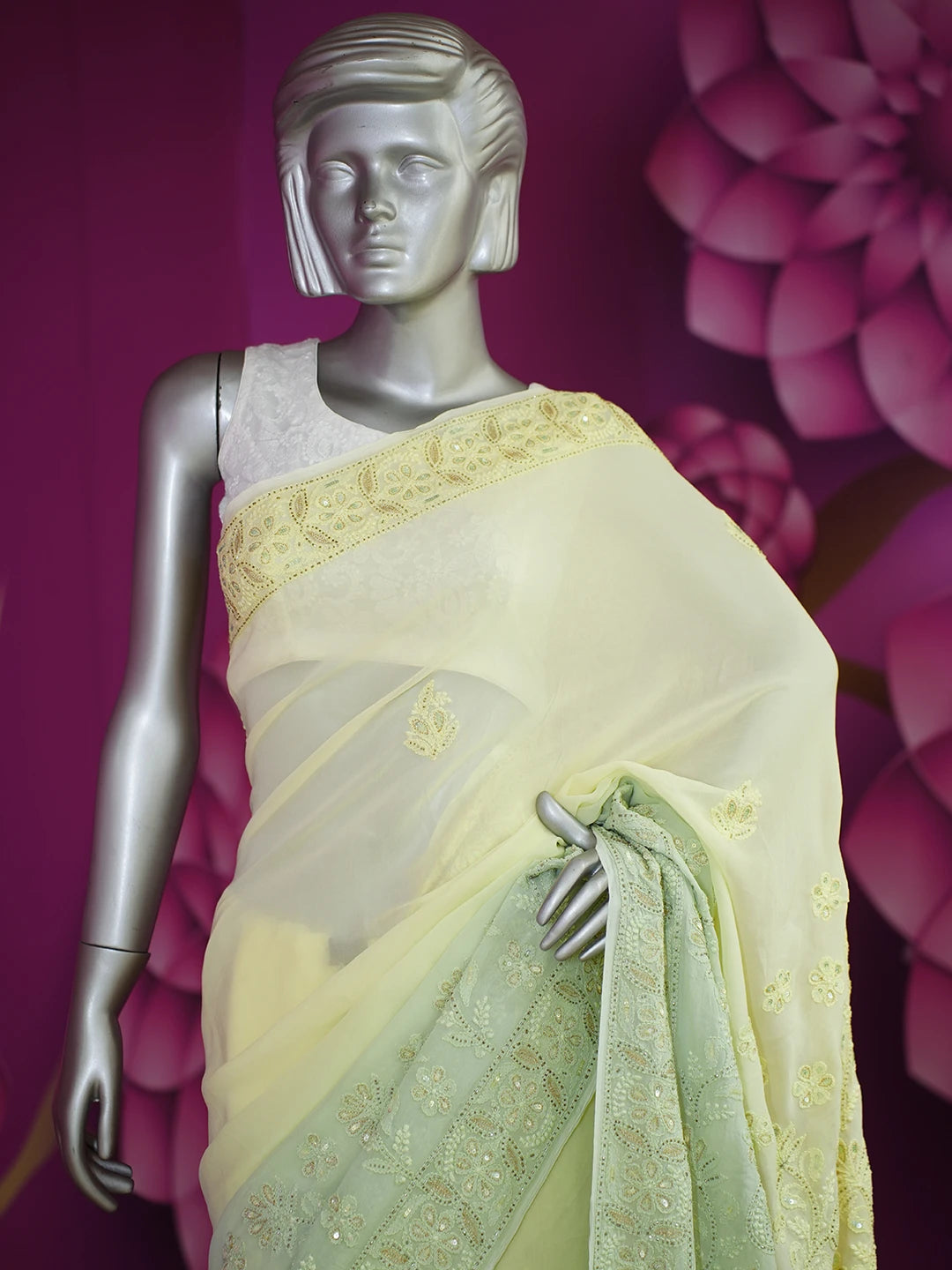 Ada Hand Embroidered Ombre Shade of lemon/Green Viscose Georgette Lucknowi Chikankari Saree and Blouse With Sequinned Work 01A439012