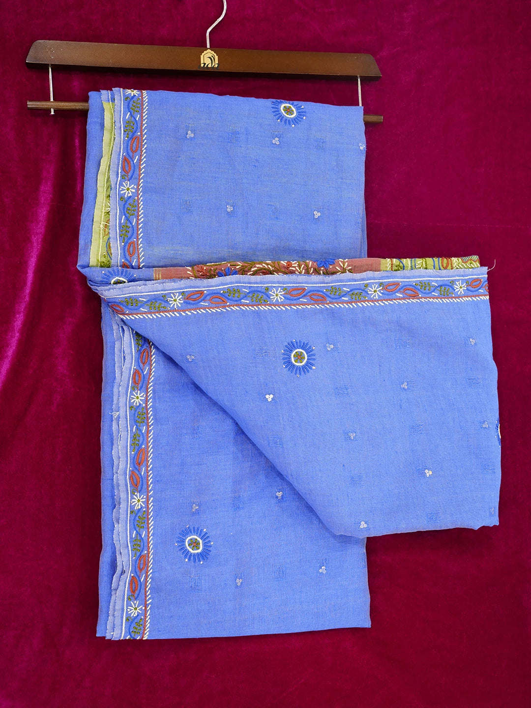 Ada Hand Embroidered Blue Silk Lucknowi Chikankari Saree and Blouse With Muqaish Work 01A352967