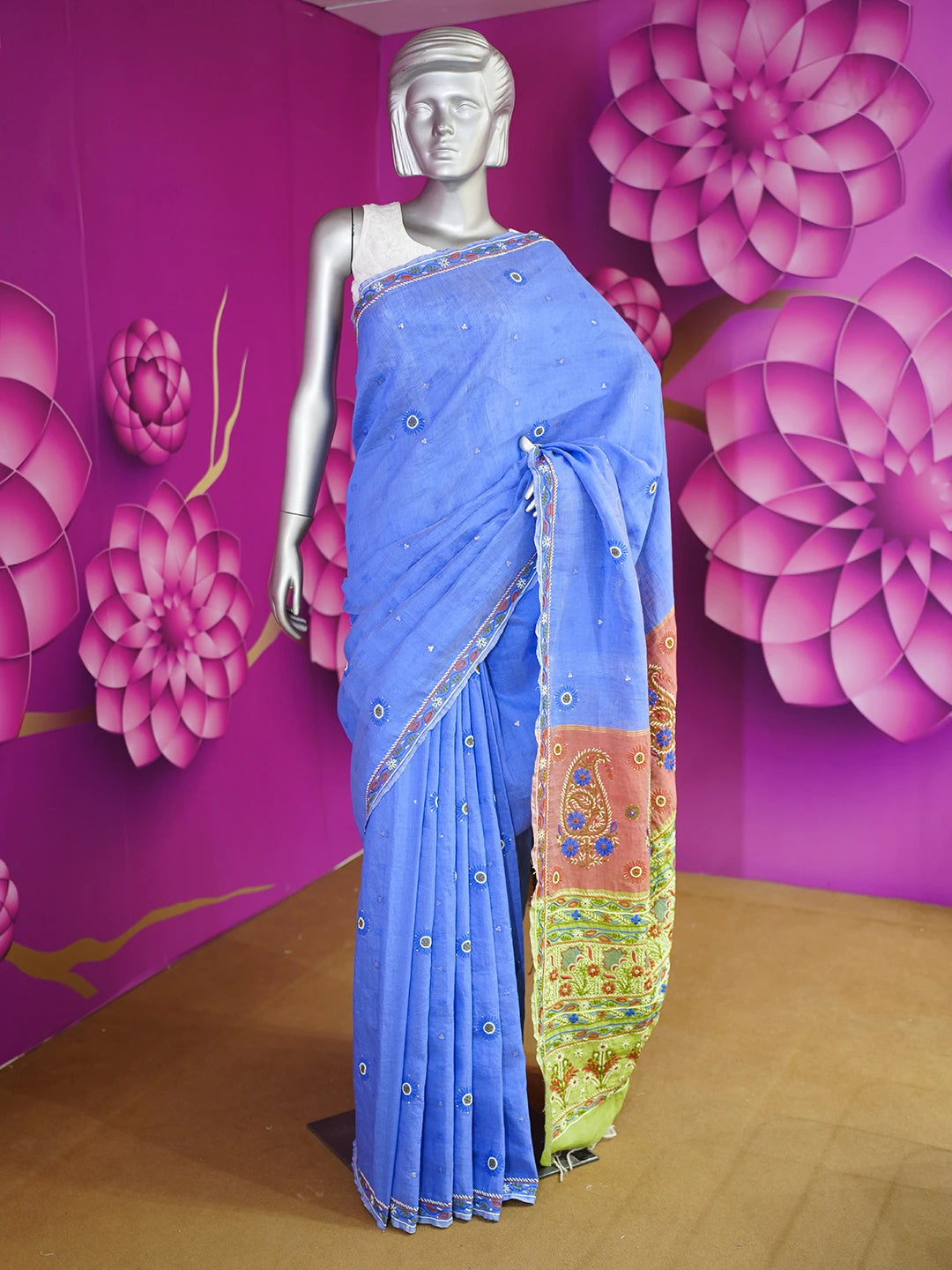 Ada Hand Embroidered Blue Silk Lucknowi Chikankari Saree and Blouse With Muqaish Work 01A352967