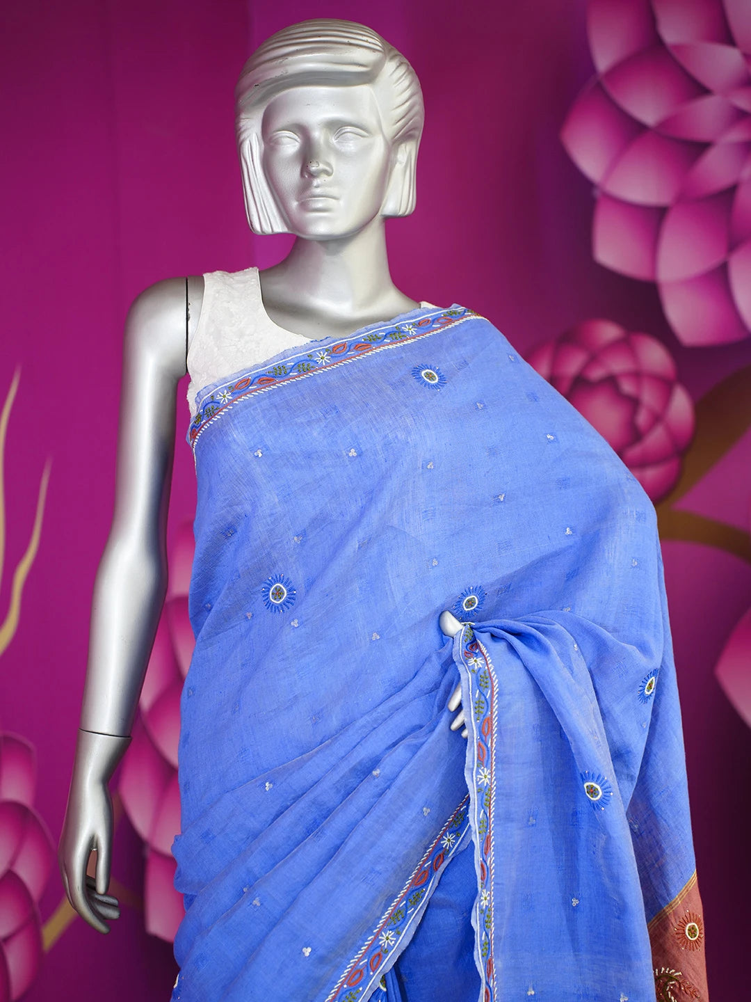Ada Hand Embroidered Blue Silk Lucknowi Chikankari Saree and Blouse With Muqaish Work 01A352967