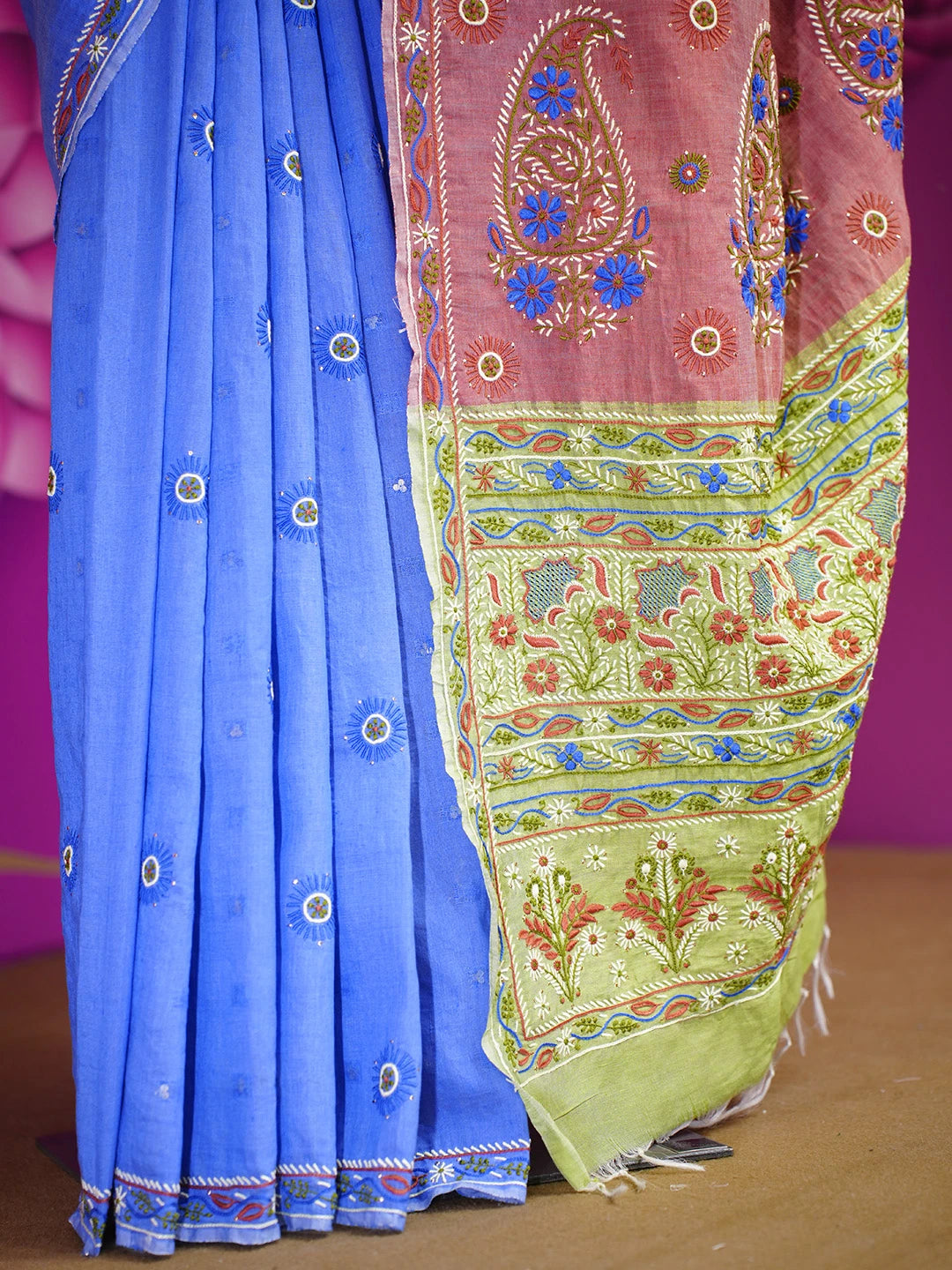 Ada Hand Embroidered Blue Silk Lucknowi Chikankari Saree and Blouse With Muqaish Work 01A352967