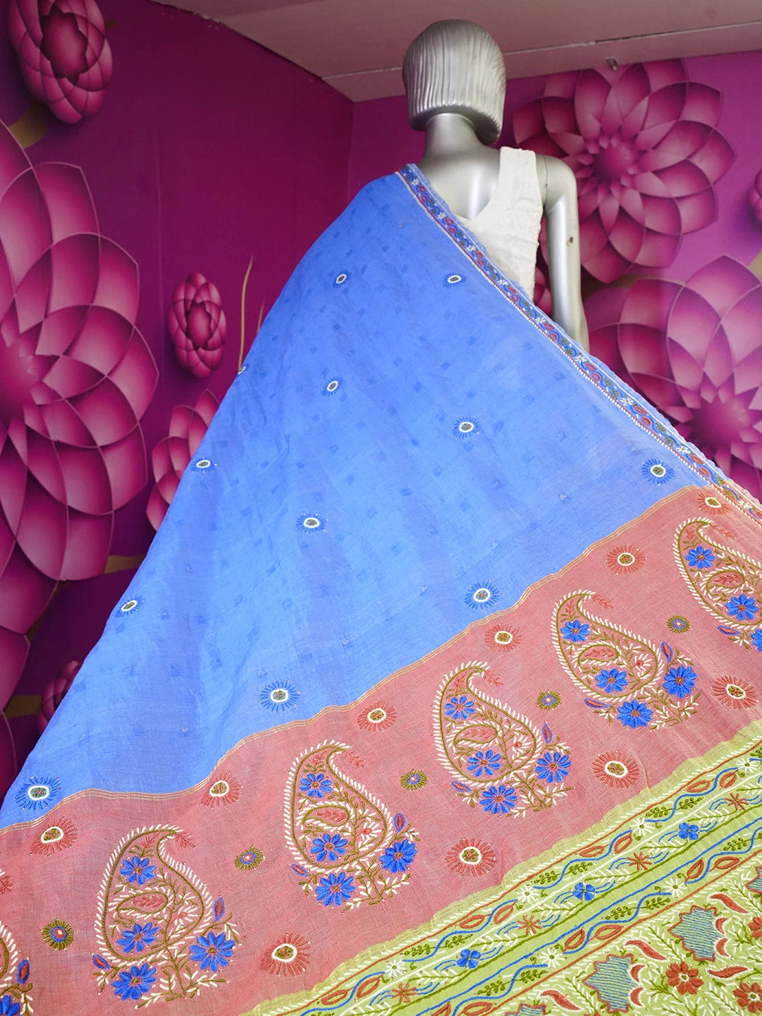 Ada Hand Embroidered Blue Silk Lucknowi Chikankari Saree and Blouse With Muqaish Work 01A352967