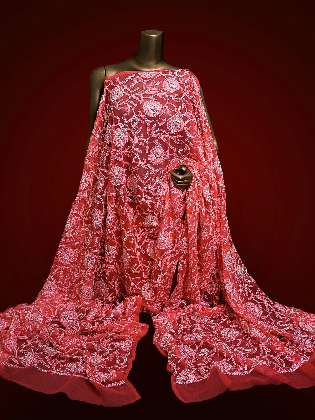 Ada Hand Embroidered Carrot Pink Georgette Lucknowi Chikankari Dupatta 01A114181