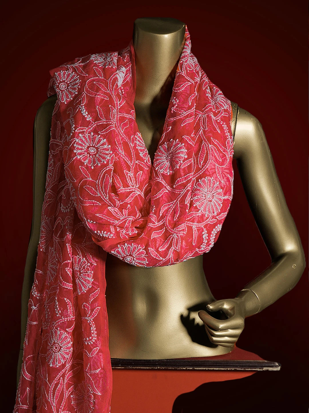 Ada Hand Embroidered Carrot Pink Georgette Lucknowi Chikankari Dupatta 01A114181