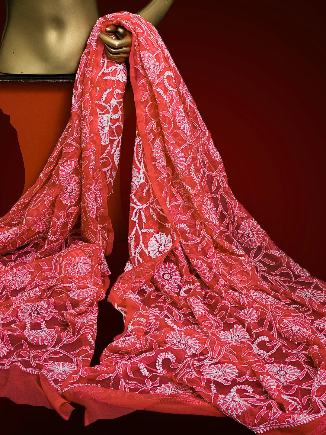 Ada Hand Embroidered Carrot Pink Georgette Lucknowi Chikankari Dupatta 01A114181