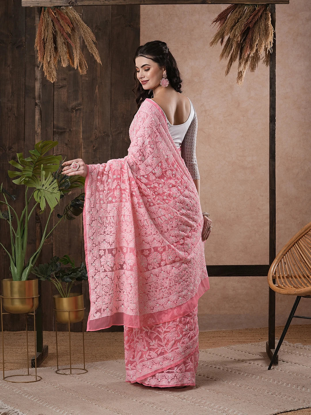 Ada Hand Embroidered Carrot PInk Georgette Lucknowi Chikankari Saree With Blouse 01A522307