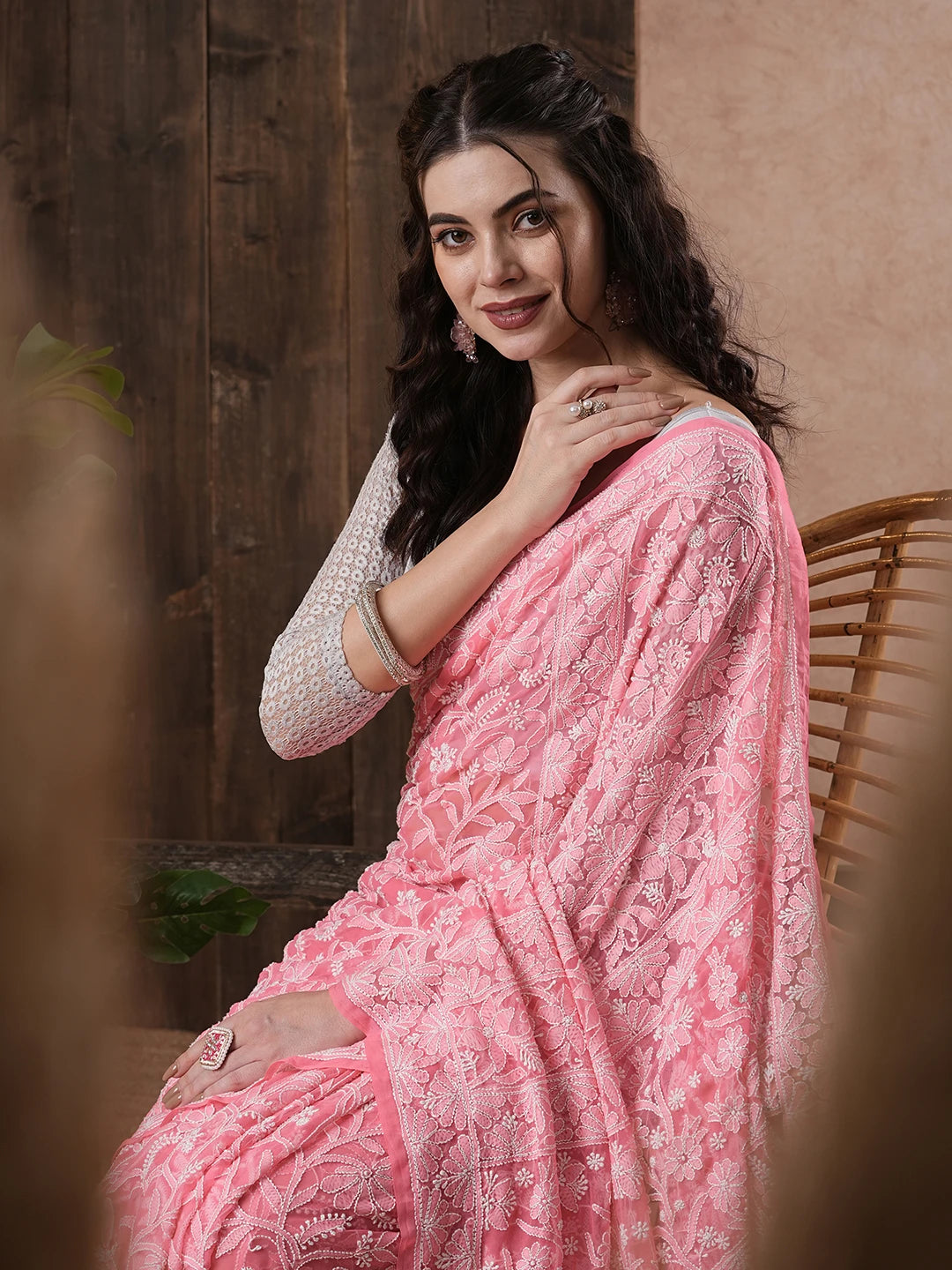 Ada Hand Embroidered Carrot PInk Georgette Lucknowi Chikankari Saree With Blouse 01A522307