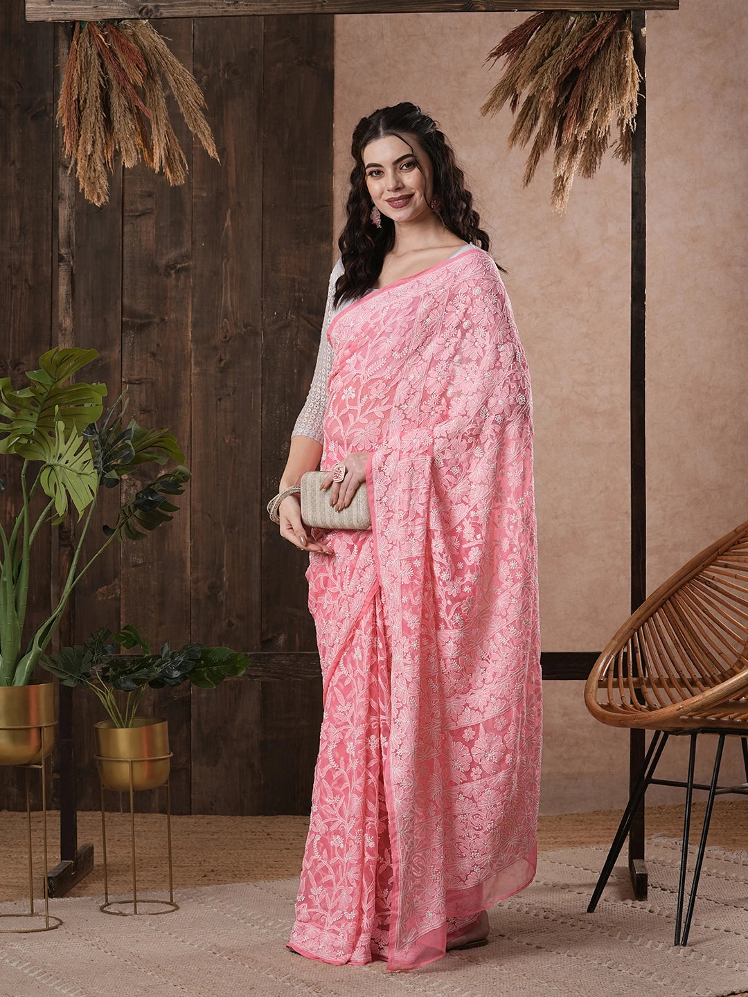 Ada Hand Embroidered Carrot PInk Georgette Lucknowi Chikankari Saree With Blouse 01A522307
