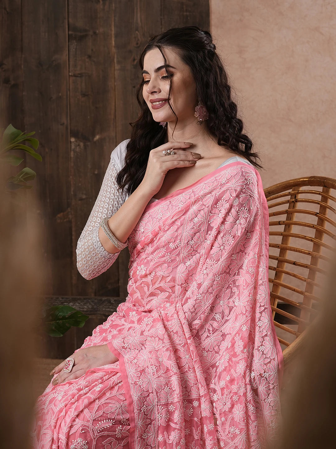 Ada Hand Embroidered Carrot PInk Georgette Lucknowi Chikankari Saree With Blouse 01A522307