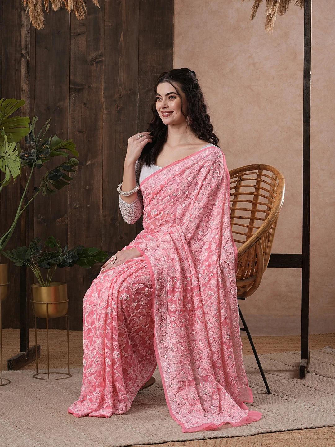 Ada Hand Embroidered Carrot PInk Georgette Lucknowi Chikankari Saree With Blouse 01A522307
