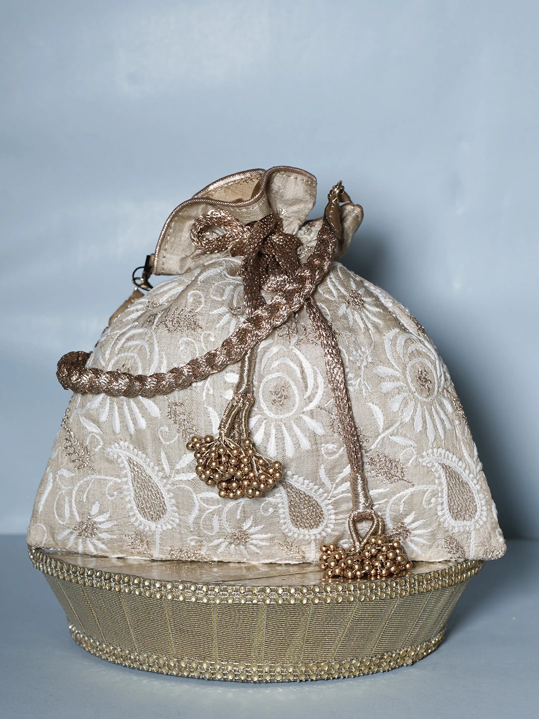 Ada Hand Embroidered Fawn Silk Lucknowi Chikankari Potli Bag With Zari Work 01A540002