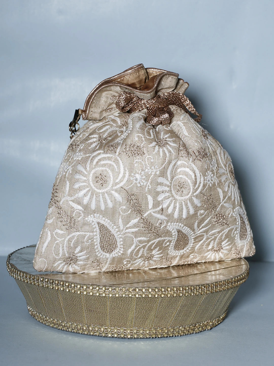 Ada Hand Embroidered Fawn Silk Lucknowi Chikankari Potli Bag With Zari Work 01A540002