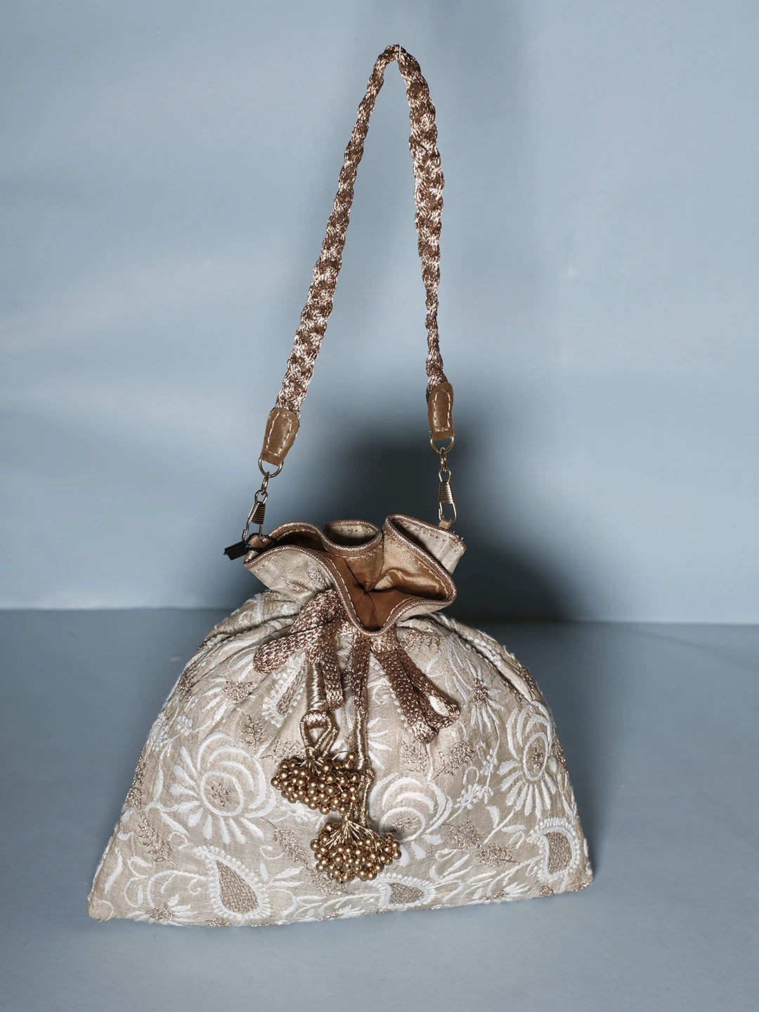 Ada Hand Embroidered Fawn Silk Lucknowi Chikankari Potli Bag With Zari Work 01A540002