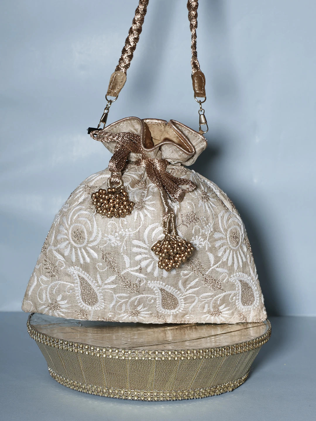 Ada Hand Embroidered Fawn Silk Lucknowi Chikankari Potli Bag With Zari Work 01A540002