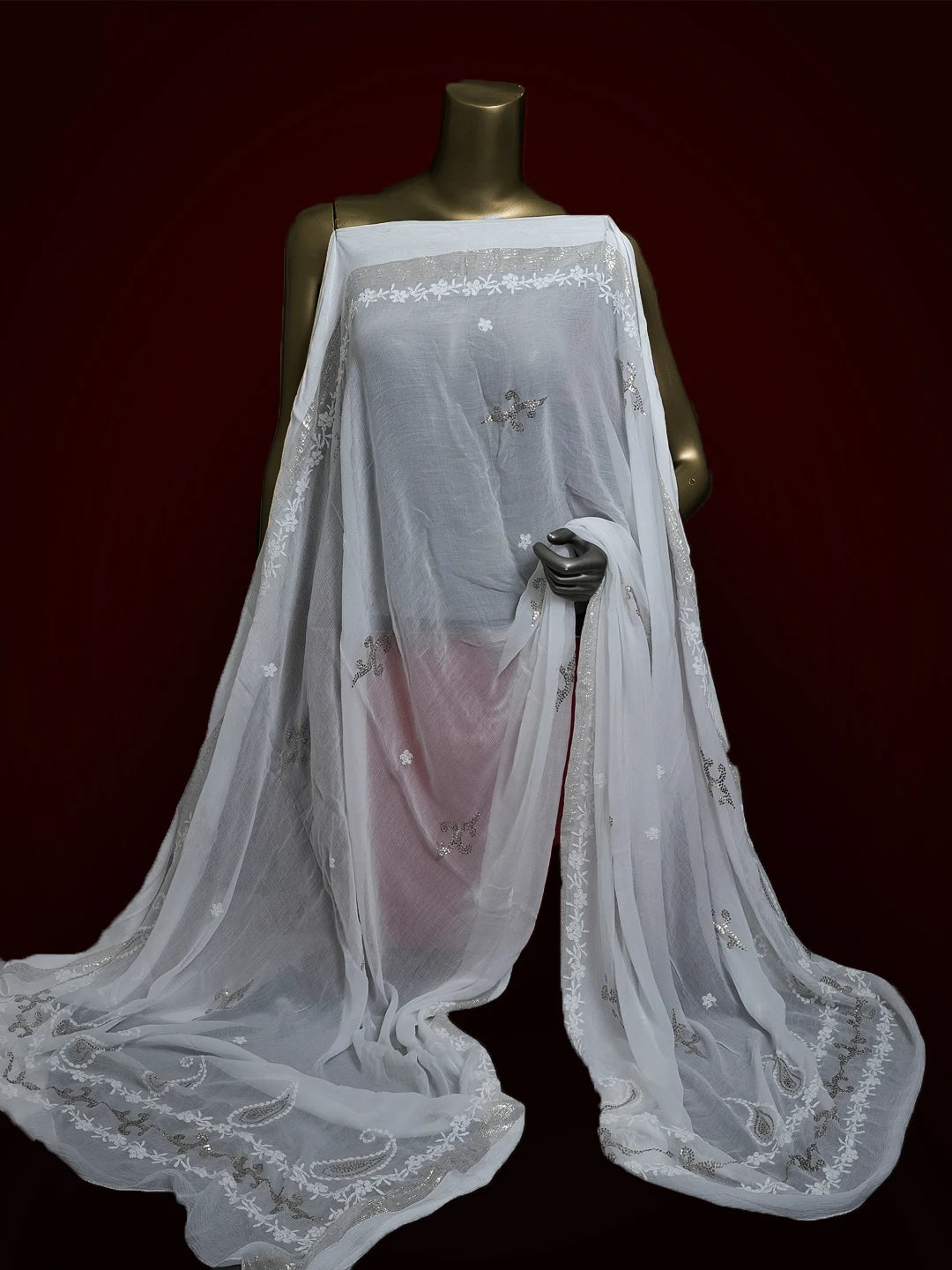 Ada Hand Embroidered White Chiffon Lucknowi Chikankari Dupatta With Muqaish Work 01A510401