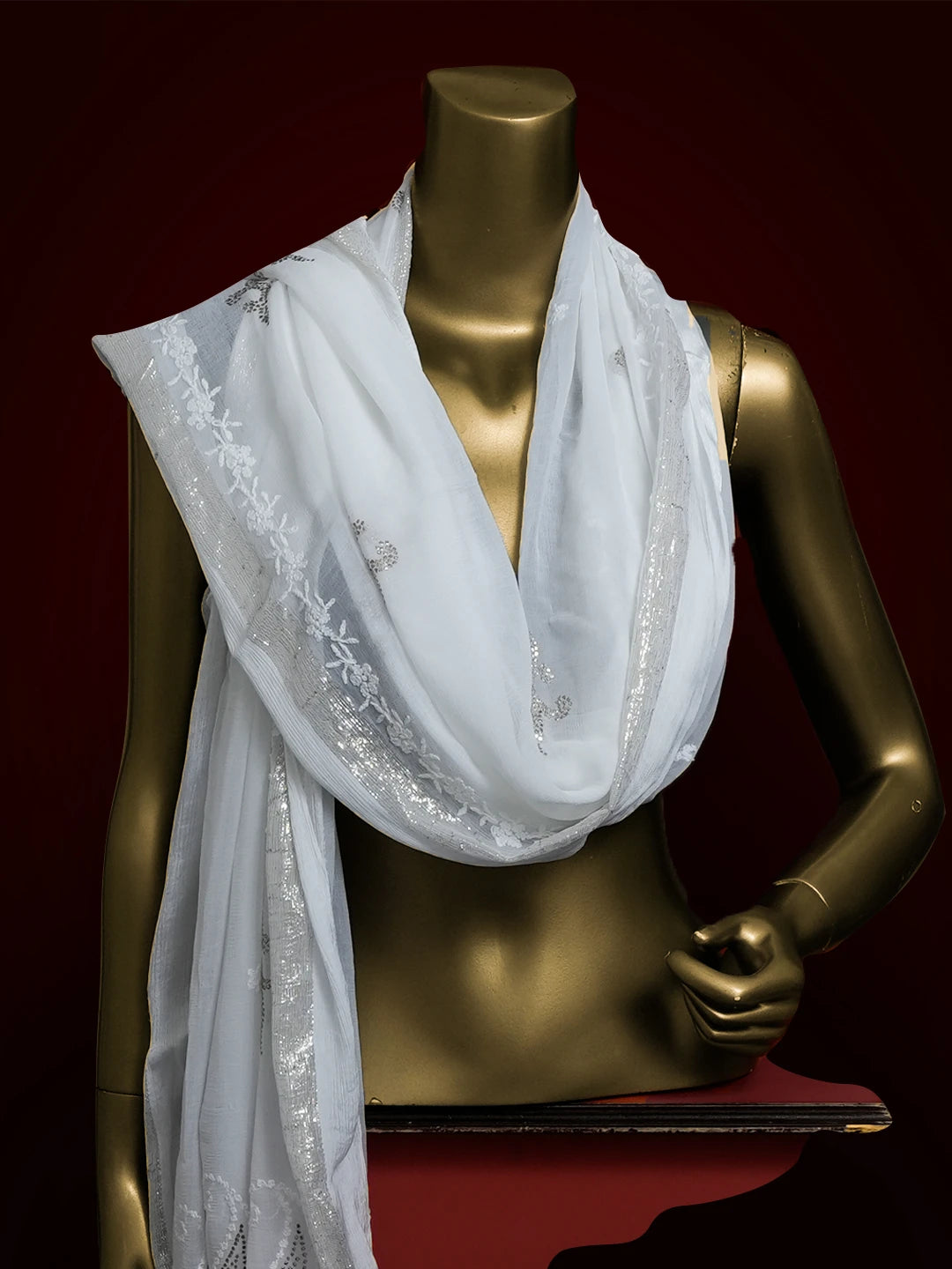 Ada Hand Embroidered White Chiffon Lucknowi Chikankari Dupatta With Muqaish Work 01A510401