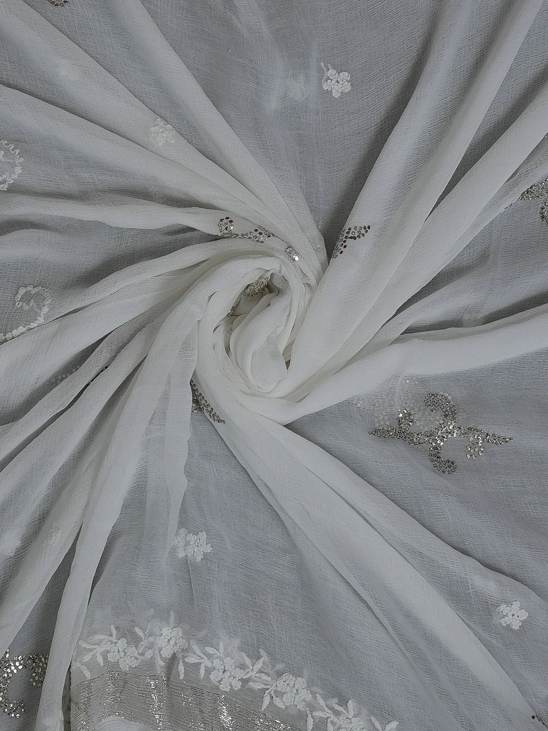 Ada Hand Embroidered White Chiffon Lucknowi Chikankari Dupatta With Muqaish Work 01A510401