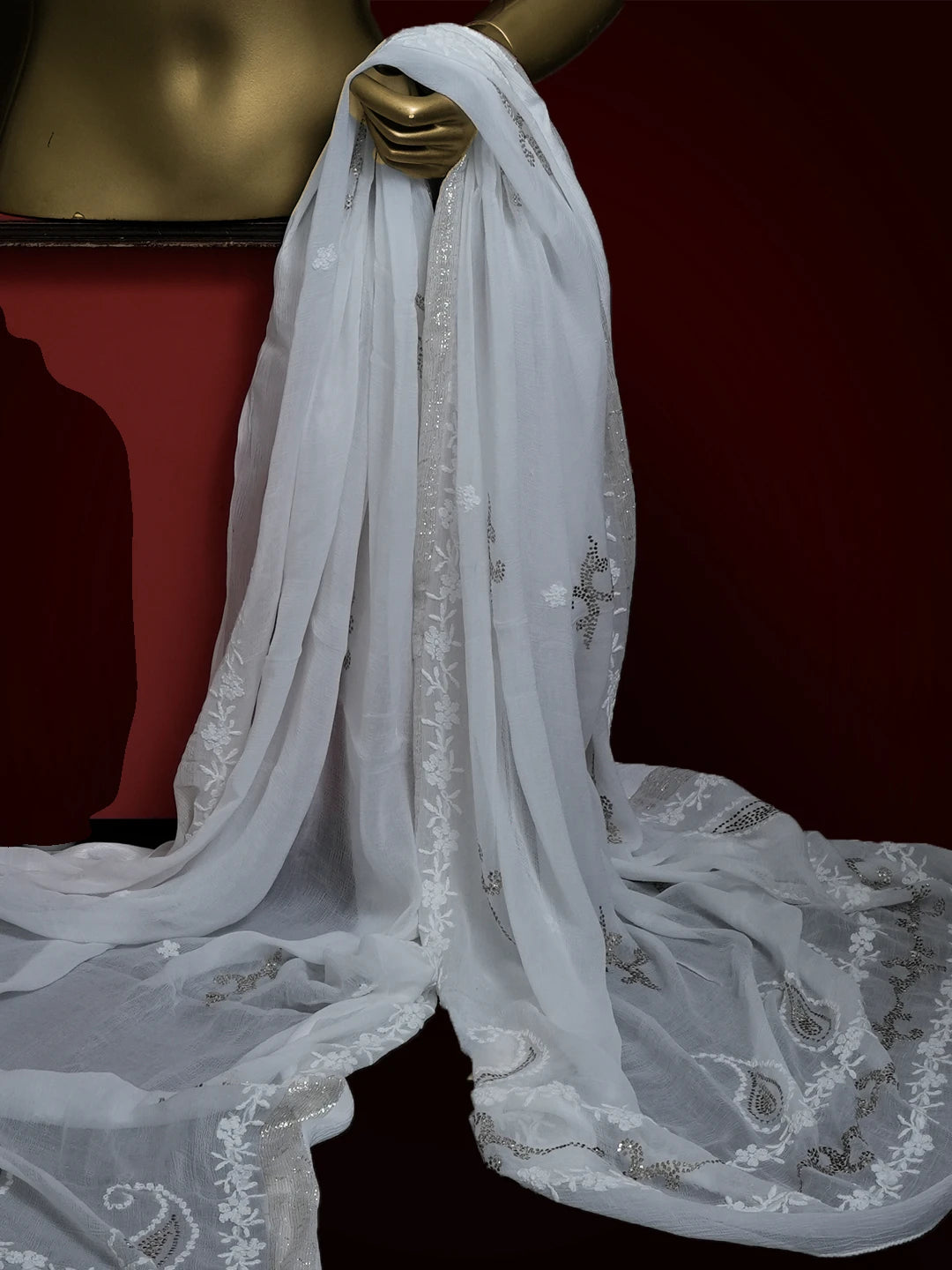 Ada Hand Embroidered White Chiffon Lucknowi Chikankari Dupatta With Muqaish Work 01A510401