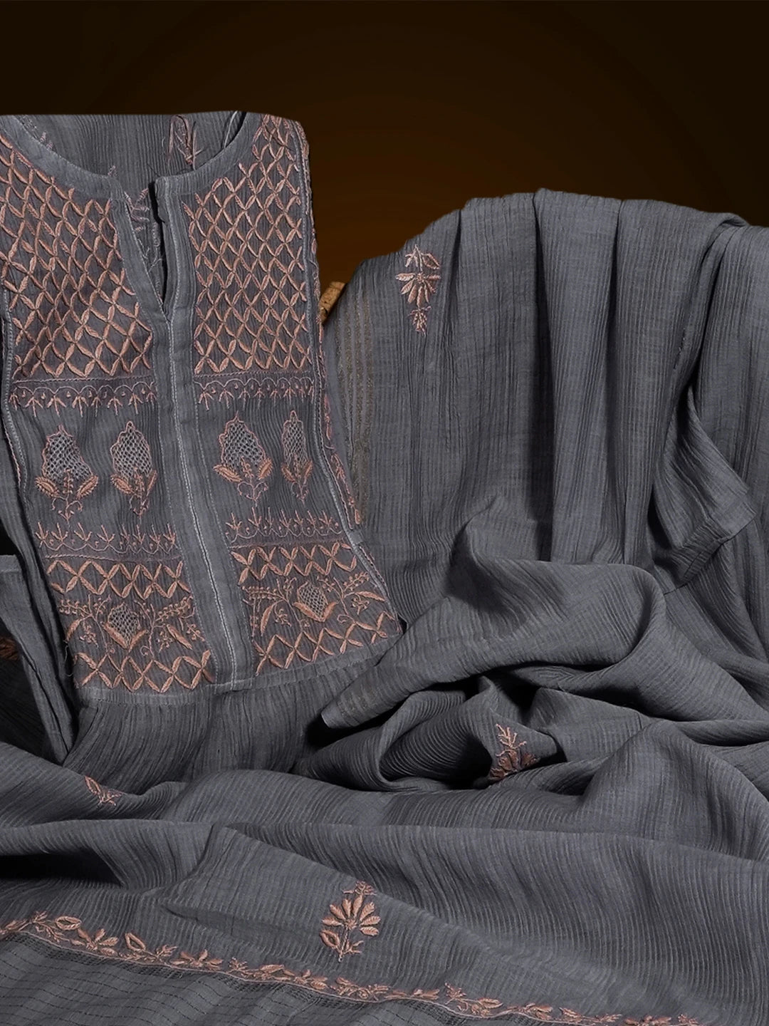 Ada Hand Embroidered Grey Chanderi Lucknowi Chikankari Semi-stitched Kurta Dupatta Set 01A483093