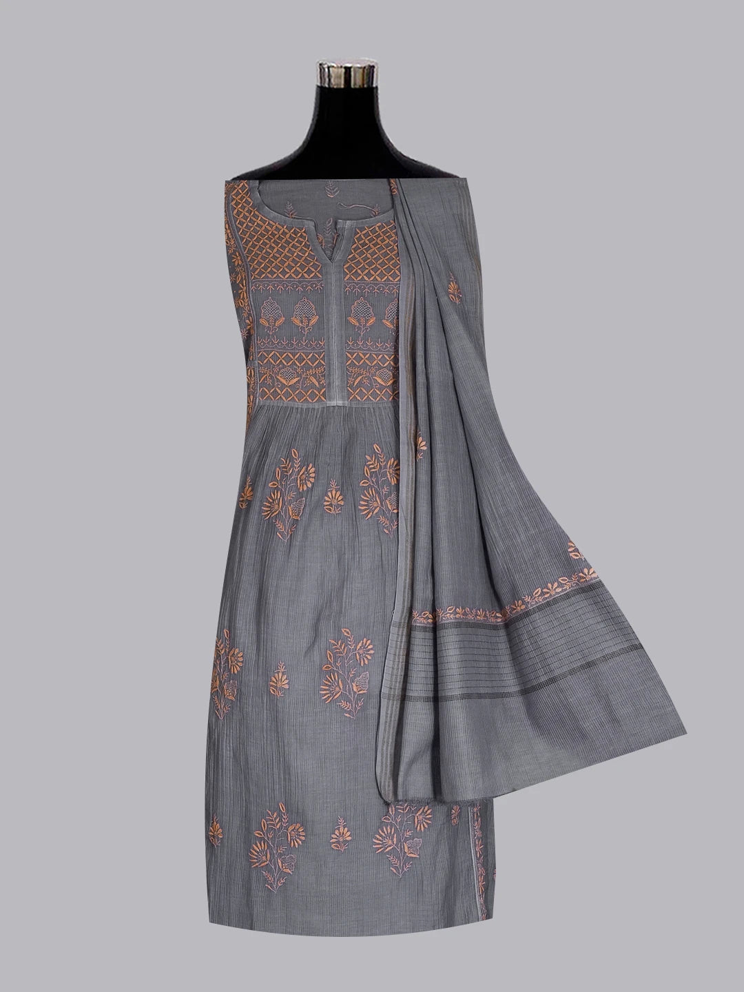 Ada Hand Embroidered Grey Chanderi Lucknowi Chikankari Semi-stitched Kurta Dupatta Set 01A483093