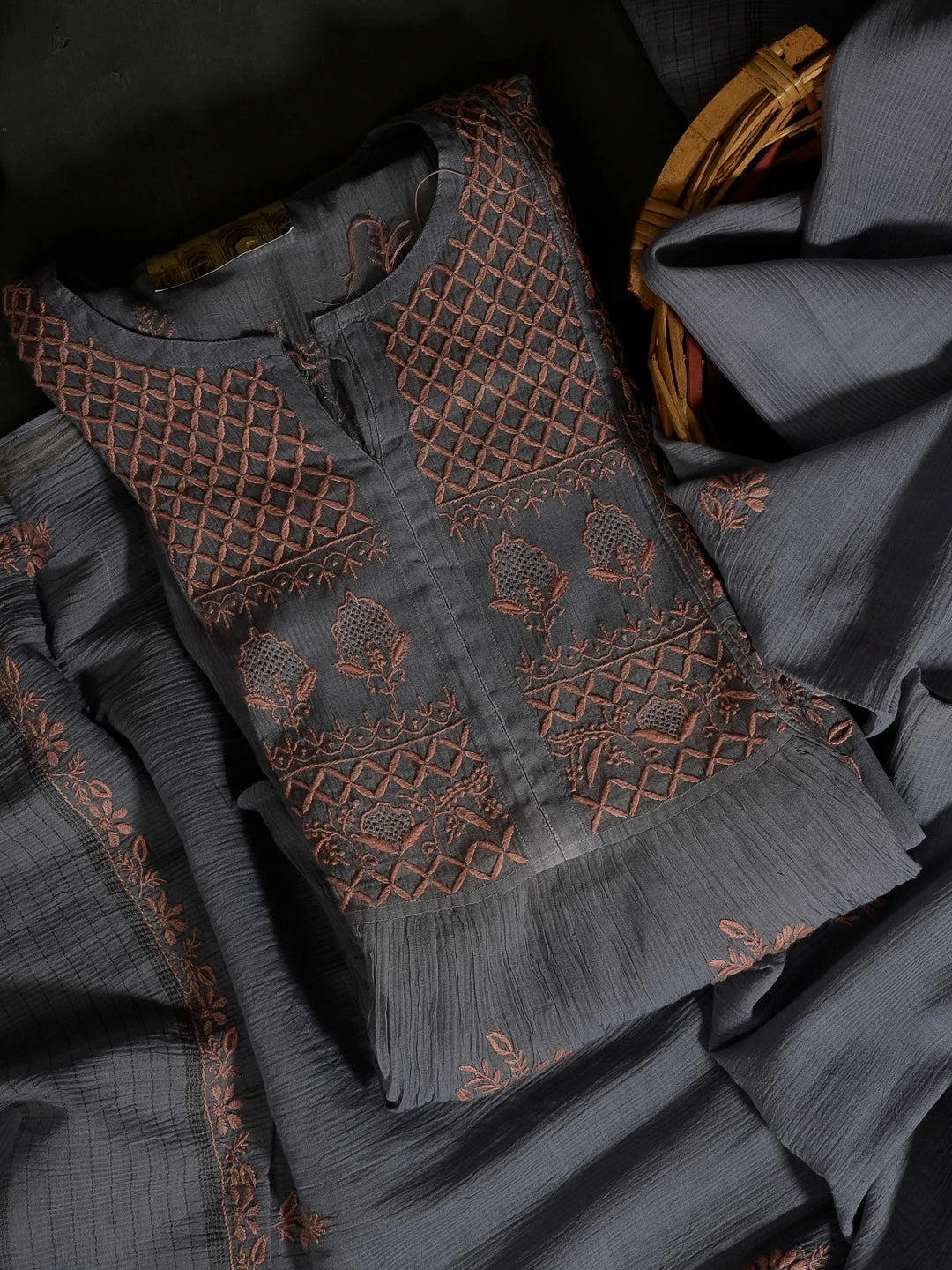 Ada Hand Embroidered Grey Chanderi Lucknowi Chikankari Semi-stitched Kurta Dupatta Set 01A483093