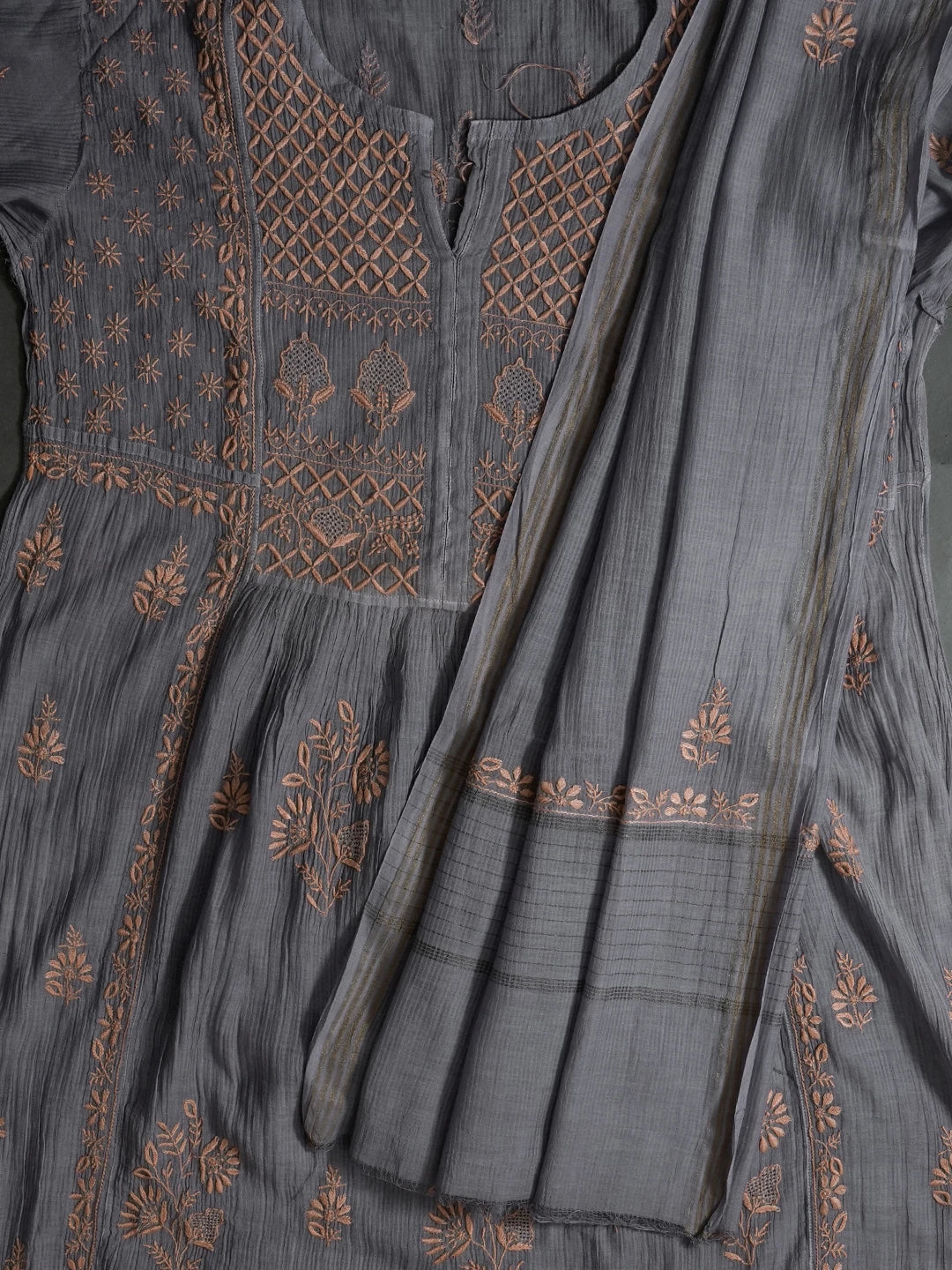 Ada Hand Embroidered Grey Chanderi Lucknowi Chikankari Semi-stitched Kurta Dupatta Set 01A483093