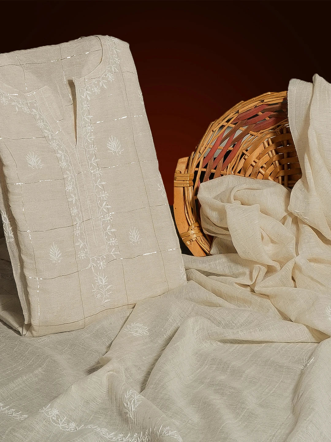 Ada Hand Embroidered Fawn Khadi Lucknowi Chikankari Unstitched Kurta Dupatta Set 01A337750