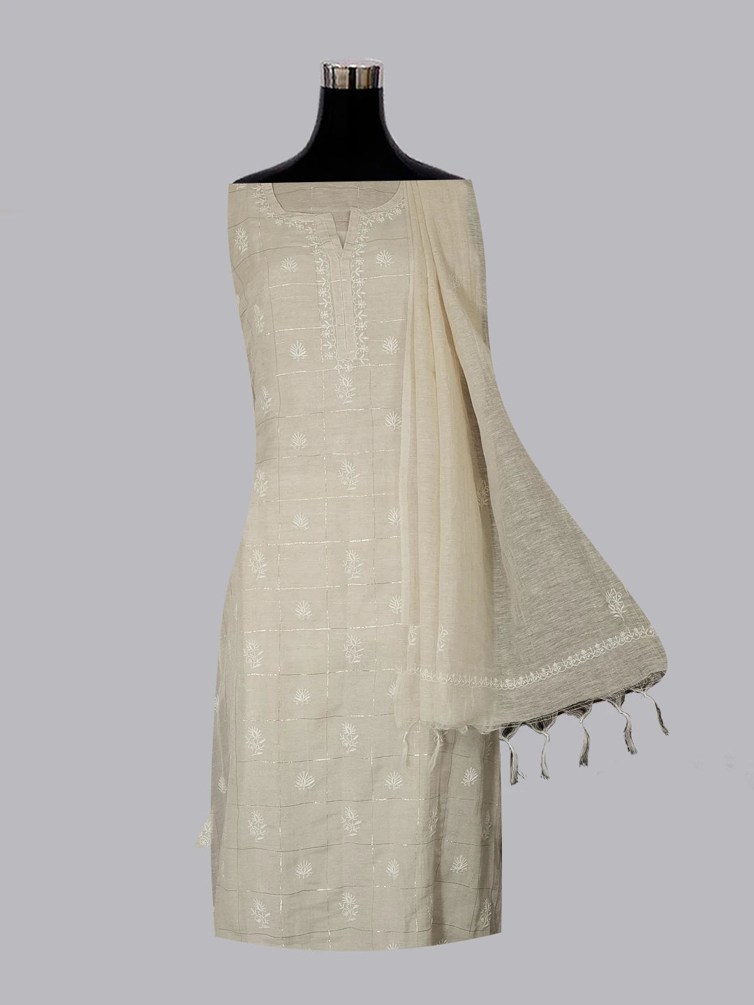 Ada Hand Embroidered Fawn Khadi Lucknowi Chikankari Unstitched Kurta Dupatta Set 01A337750