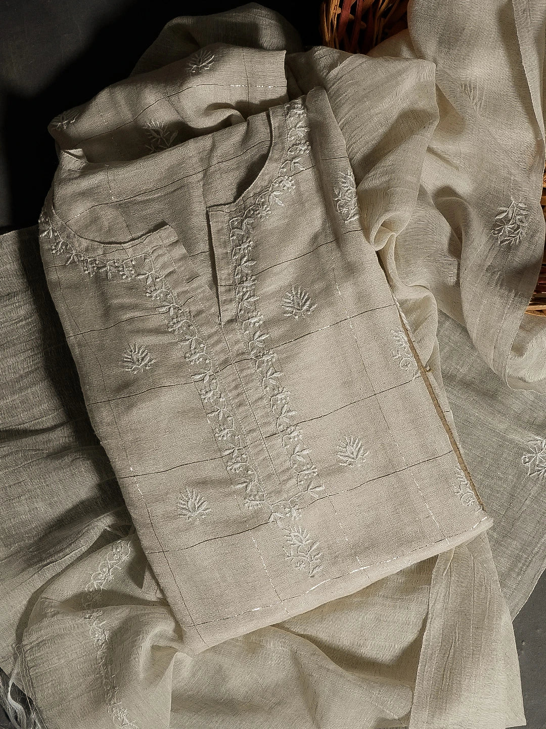 Ada Hand Embroidered Fawn Khadi Lucknowi Chikankari Unstitched Kurta Dupatta Set 01A337750