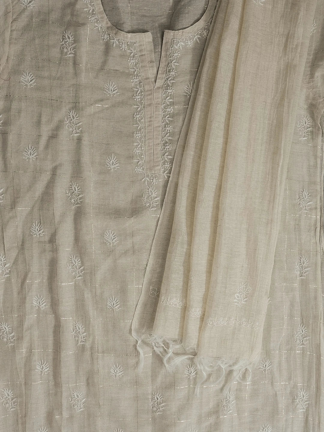 Ada Hand Embroidered Fawn Khadi Lucknowi Chikankari Unstitched Kurta Dupatta Set 01A337750