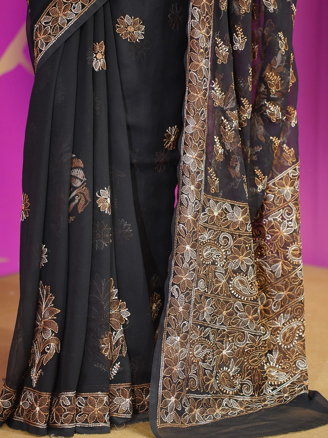 Ada Hand Embroidered Black Georgette Lucknowi Chikankari Saree and Blouse 01A538971