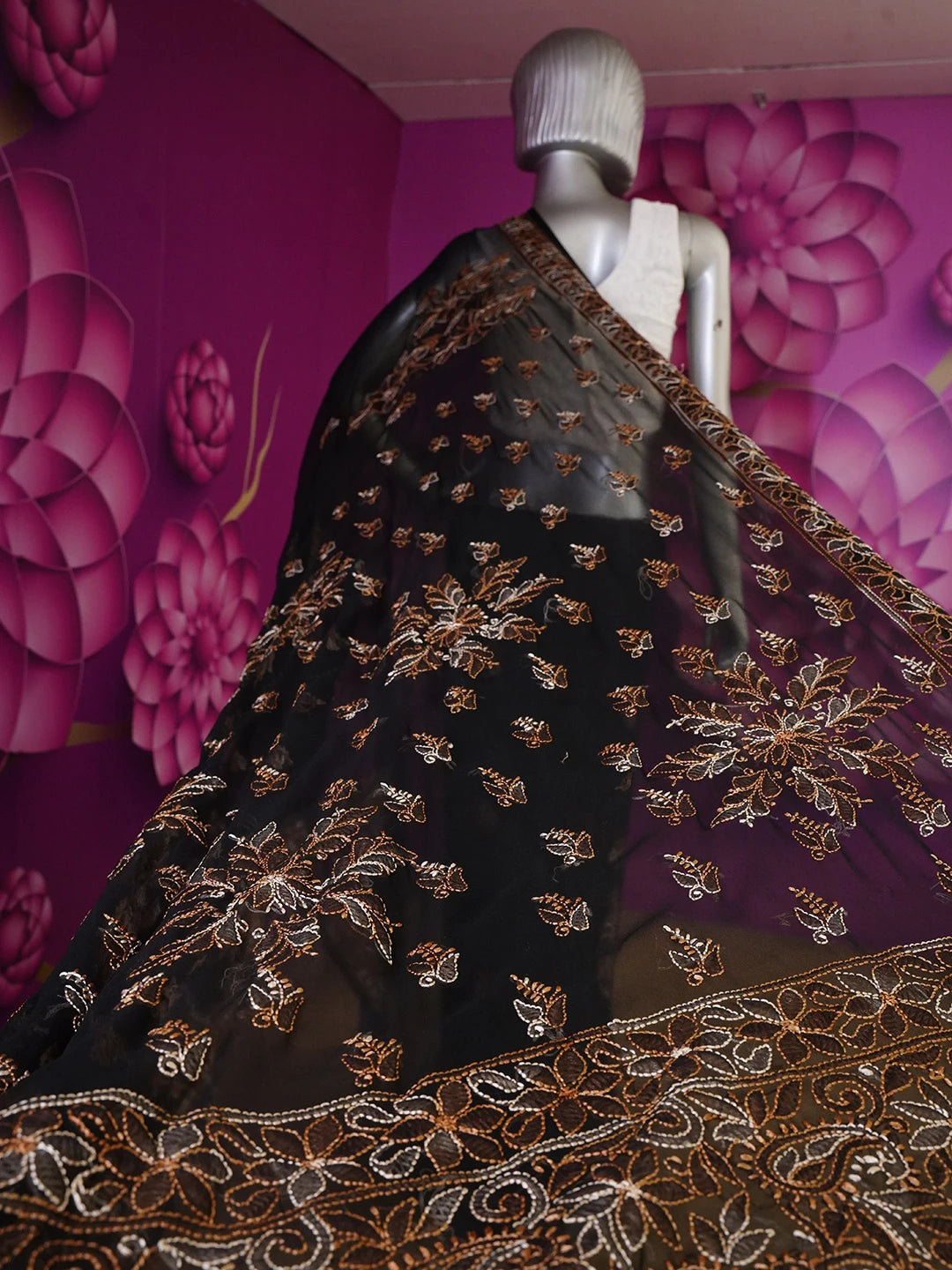 Ada Hand Embroidered Black Georgette Lucknowi Chikankari Saree and Blouse 01A538971