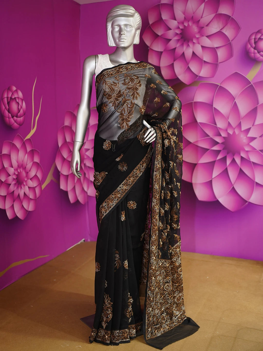 Ada Hand Embroidered Black Georgette Lucknowi Chikankari Saree and Blouse 01A538971