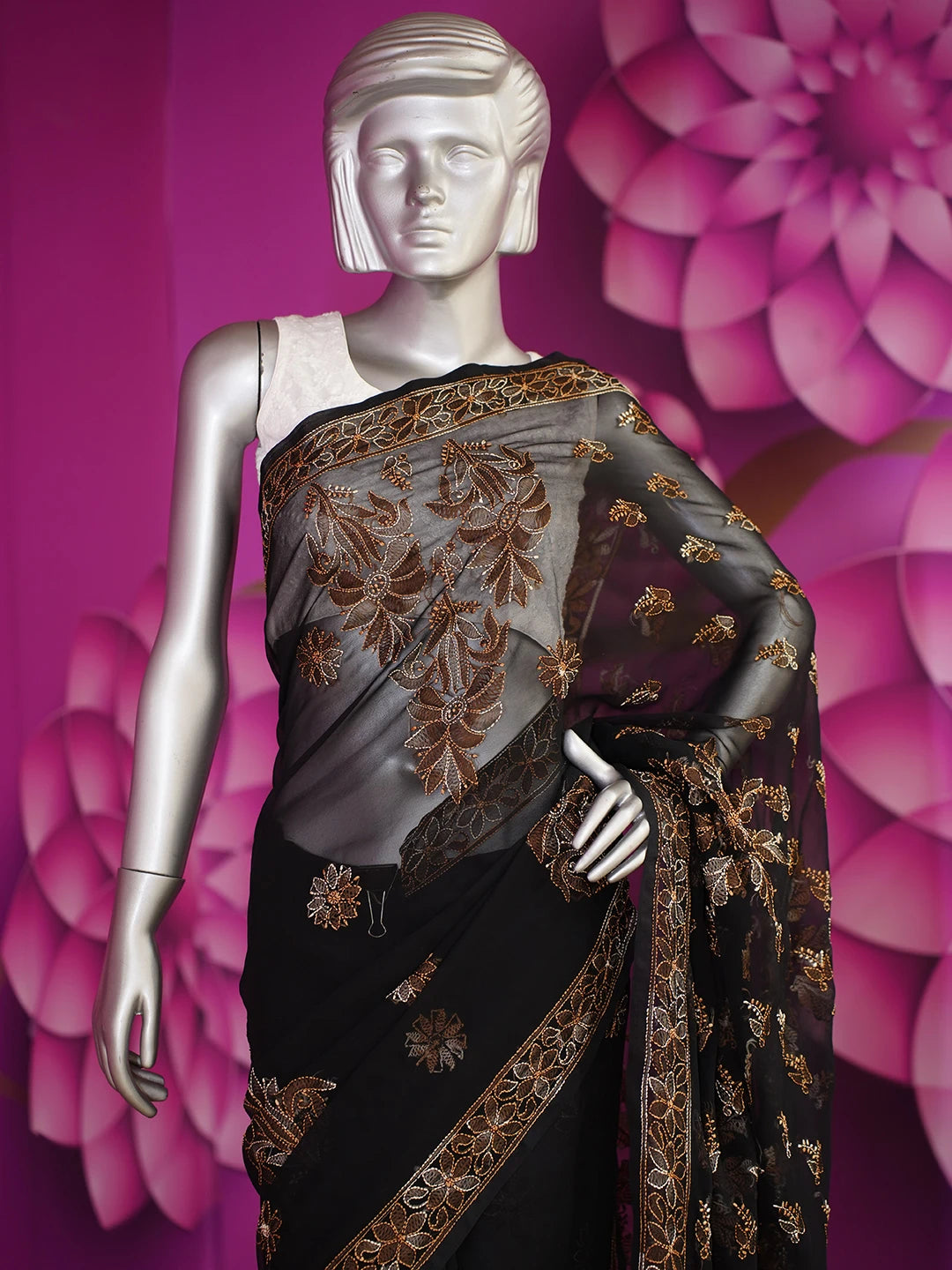 Ada Hand Embroidered Black Georgette Lucknowi Chikankari Saree and Blouse 01A538971