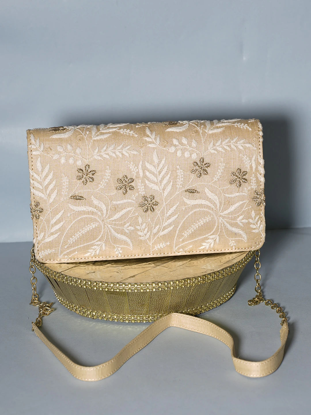 Ada Hand Embroidered Fawn Silk Lucknowi Chikankari Clutch With Zari Work 01A538714