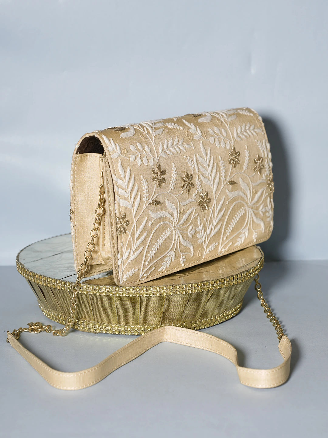 Ada Hand Embroidered Fawn Silk Lucknowi Chikankari Clutch With Zari Work 01A538714