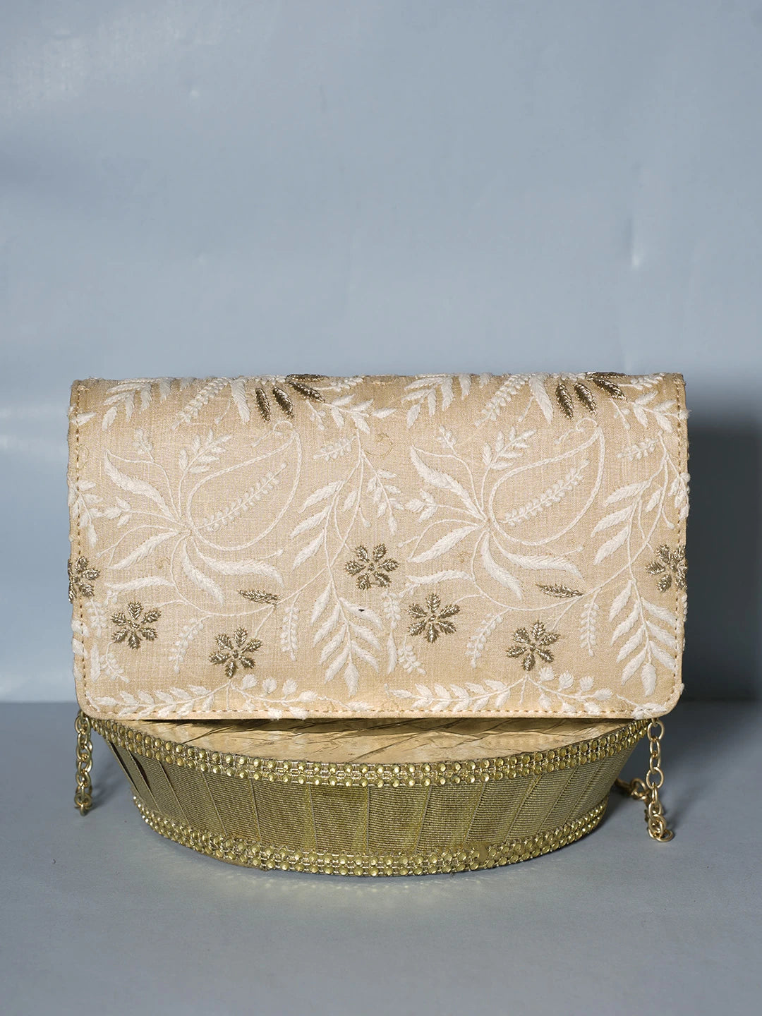Ada Hand Embroidered Fawn Silk Lucknowi Chikankari Clutch With Zari Work 01A538714