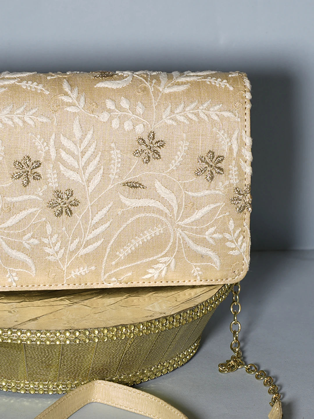 Ada Hand Embroidered Fawn Silk Lucknowi Chikankari Clutch With Zari Work 01A538714