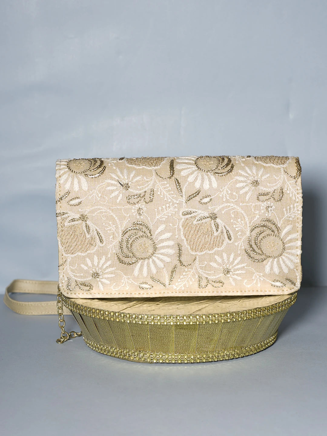 Ada Hand Embroidered Fawn Silk Lucknowi Chikankari Clutch With Zari Work 01A538716