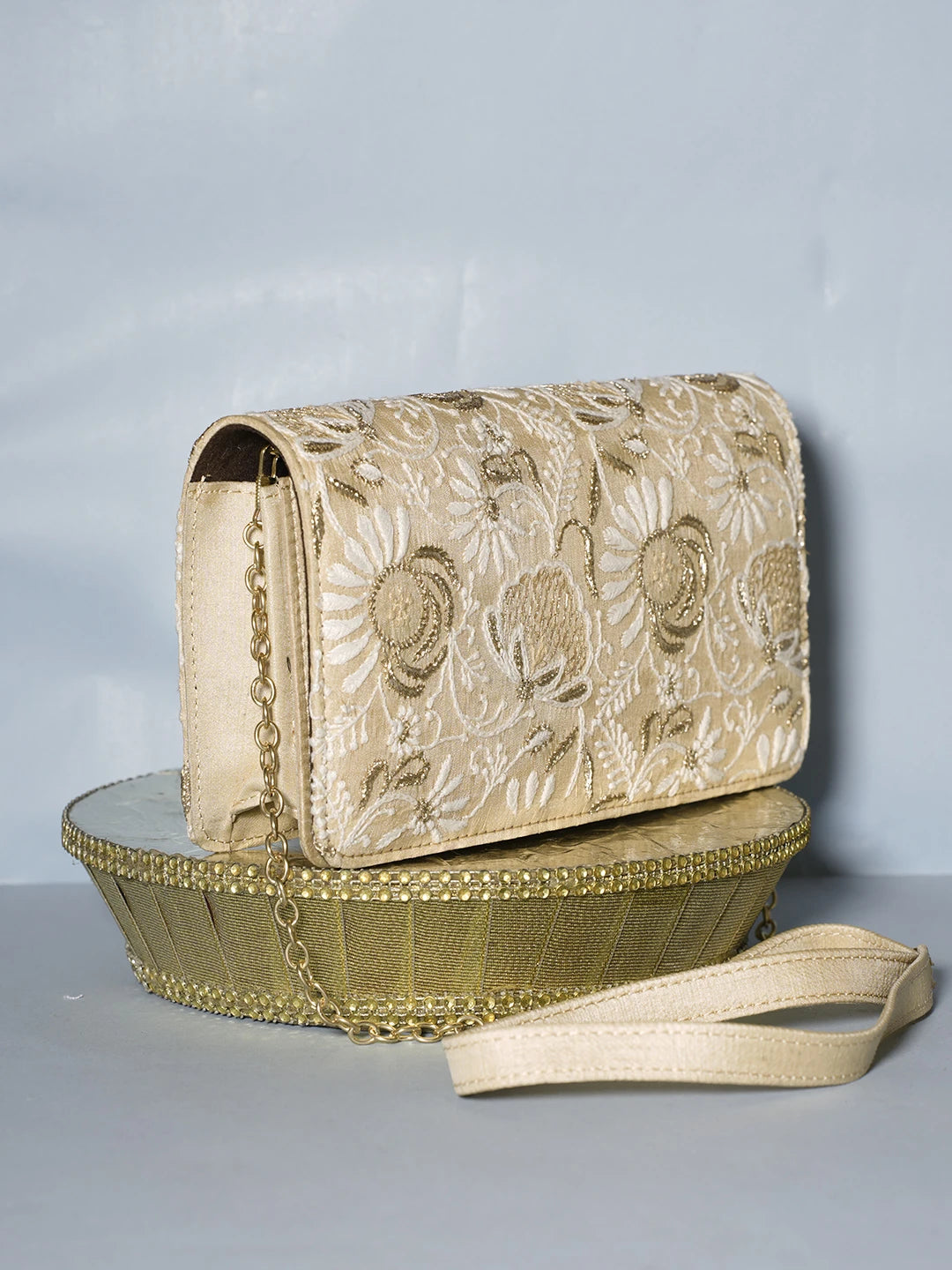 Ada Hand Embroidered Fawn Silk Lucknowi Chikankari Clutch With Zari Work 01A538716