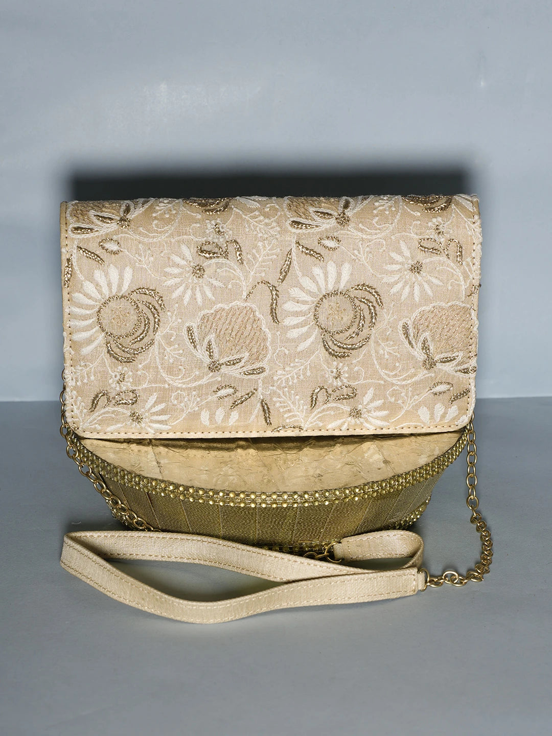 Ada Hand Embroidered Fawn Silk Lucknowi Chikankari Clutch With Zari Work 01A538716