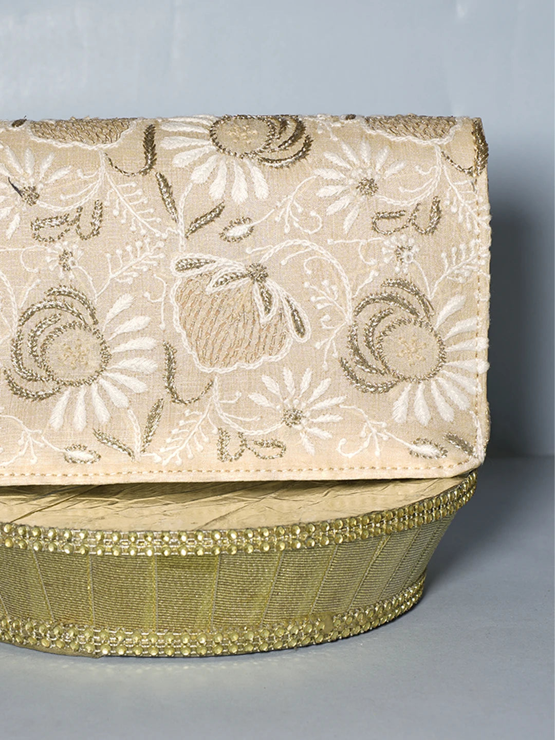 Ada Hand Embroidered Fawn Silk Lucknowi Chikankari Clutch With Zari Work 01A538716